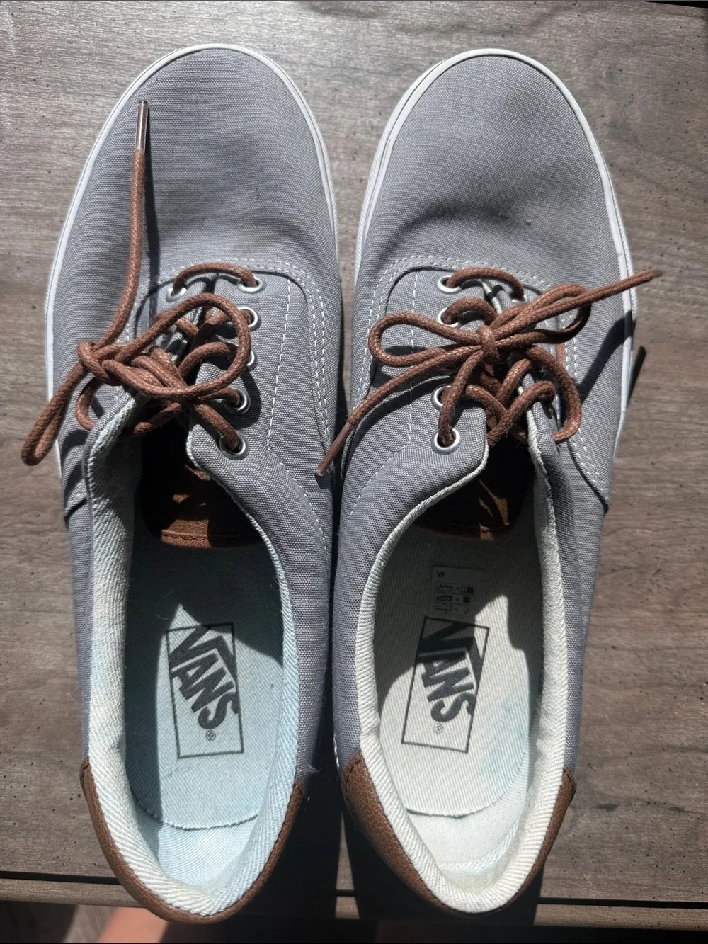 Vans Men’s Gray Canvas Low-Top Sneakers with Brown Laces & Brown Leather Heel